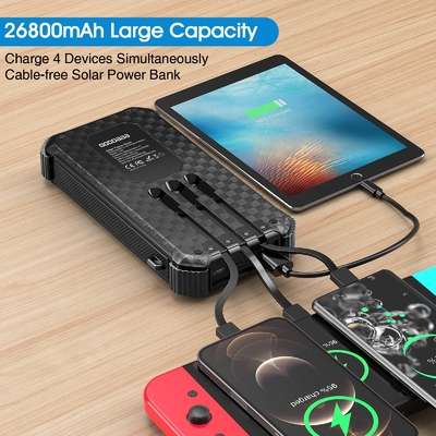IPX5 वाटरप्रूफ पोर्टेबल सोलर पावर बैंक चार्जर 26800mAh 3 बिल्ट-इन केबल्स के साथ