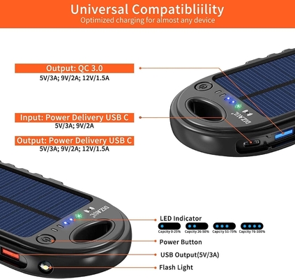 18W 10000mAh सौर ऊर्जा संचालित पावर बैंक USB C चार्जर OEM