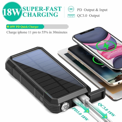 पोर्टेबल वायरलेस सौर ऊर्जा संचालित पावर बैंक चार्जर 18W QC3.0 4 आउटपुट के साथ