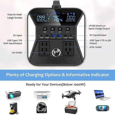 110V 220V Lifepo4 बैटरी ऑफ ग्रिड पोर्टेबल सोलर पावर जेनरेटर 1000W पोर्टेबल पावर स्टेशन